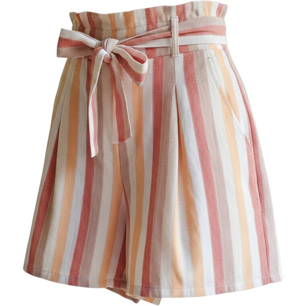 Francesca's Mi Ami Striped Paperbag Waist Shorts Small Ivory Orange Pink NEW